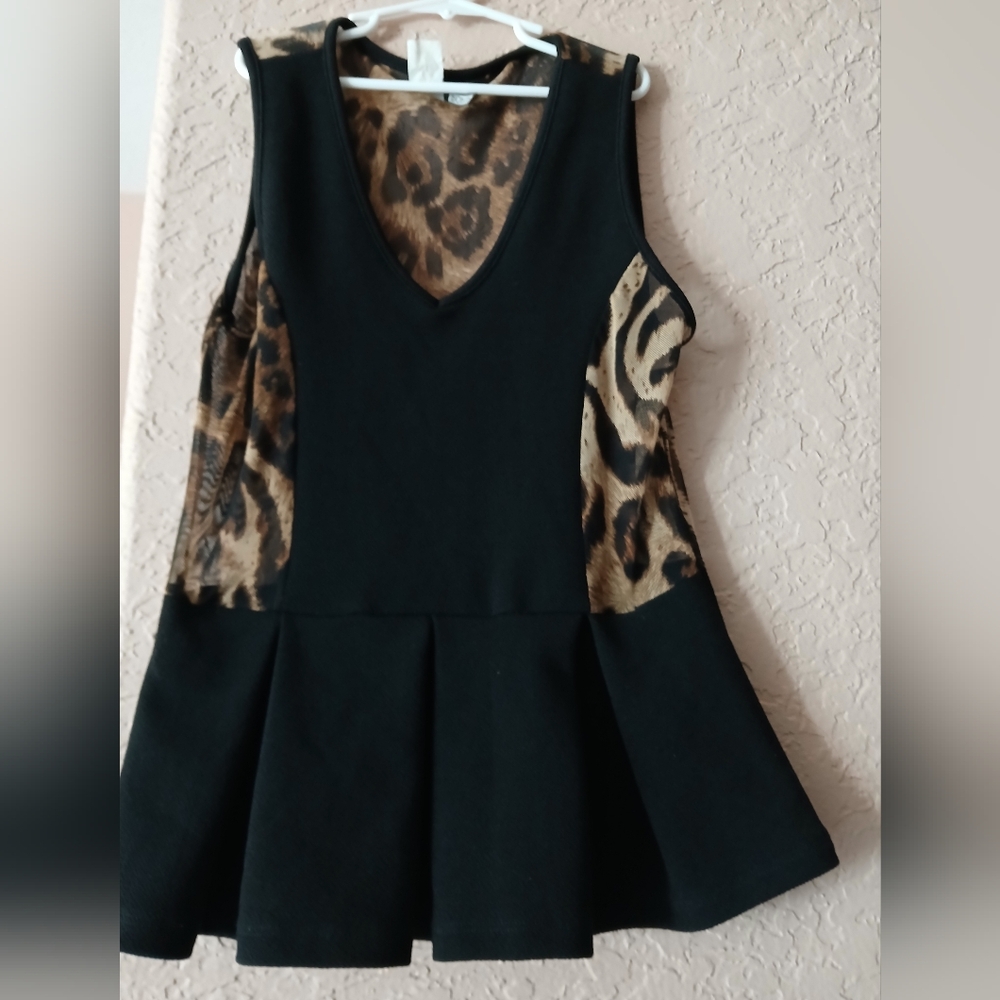 Black Peplum Top with Leopard Print Accents